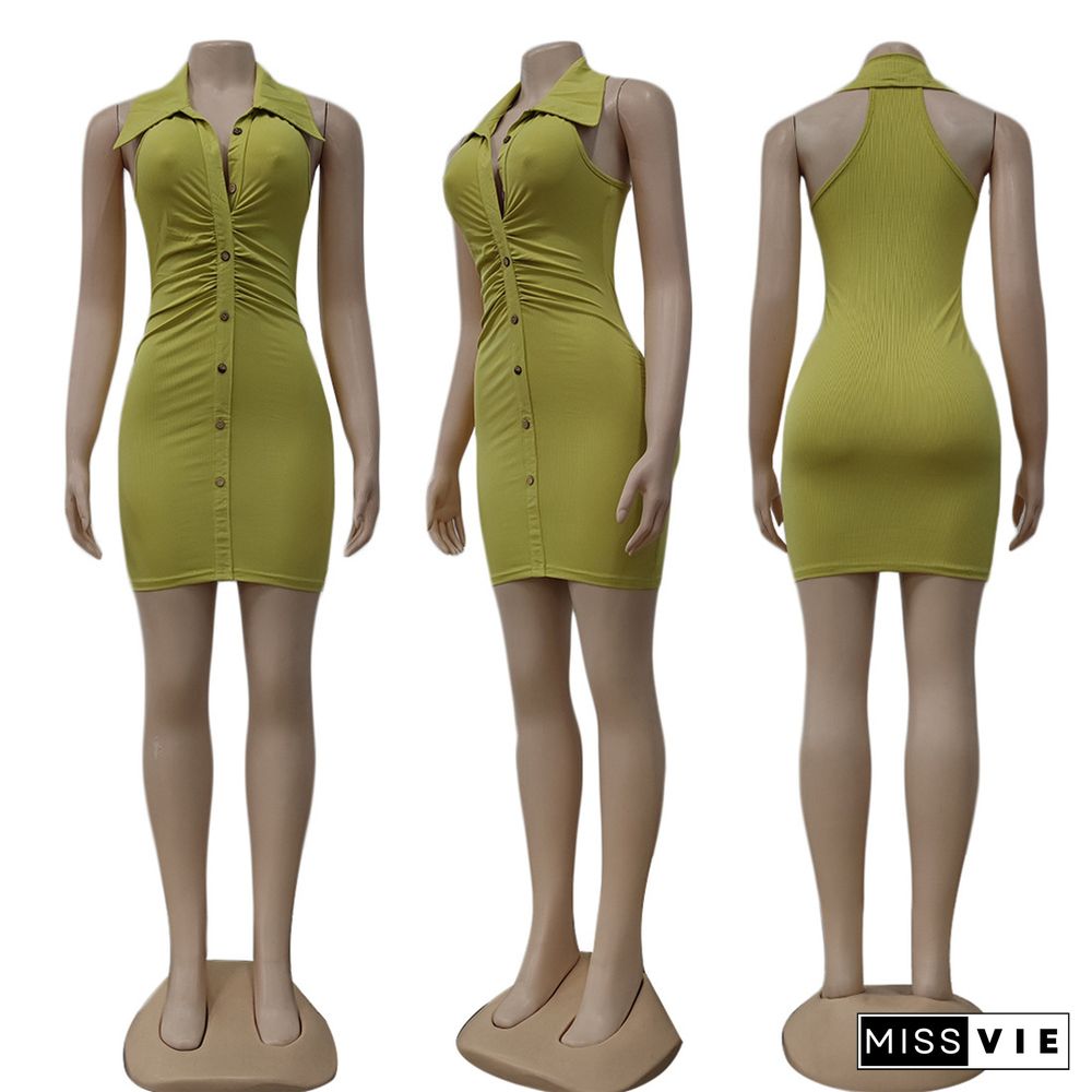 Sleeveless Turn-down Collar Buttons Bodycon Dresses