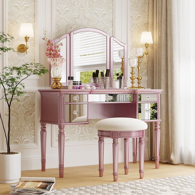 Makeup Vanity Set with Mirrored Drawers and Stool  Tri fold Mirror