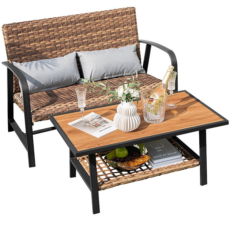 2 Pieces Patio Rattan Coffee Table Set with Shelf