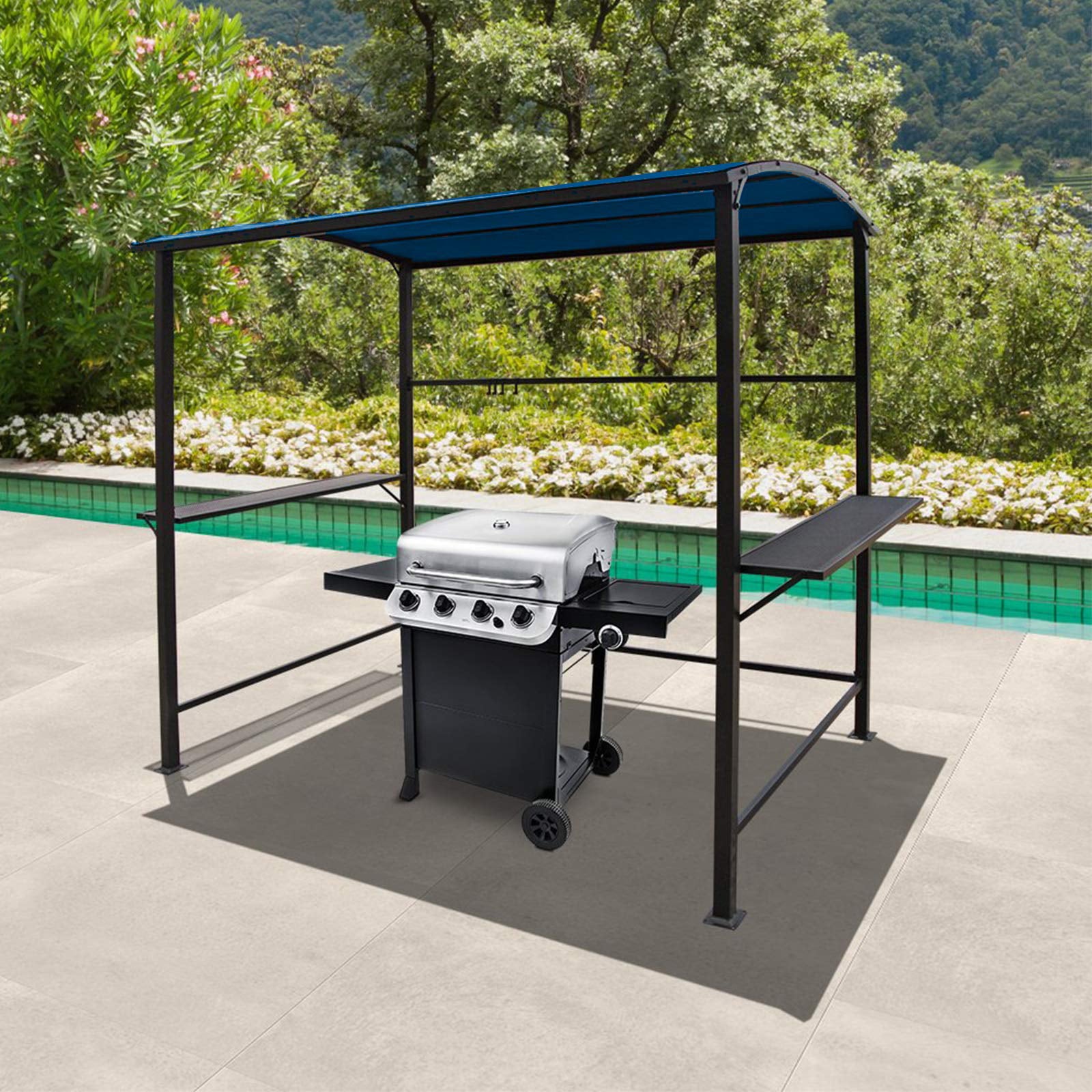 COBANA Grill Gazebo 8’by 4.6’ Outdoor Patio BBQ Canopy with Single-Tier Soft Top and Metal Shelves, Blue