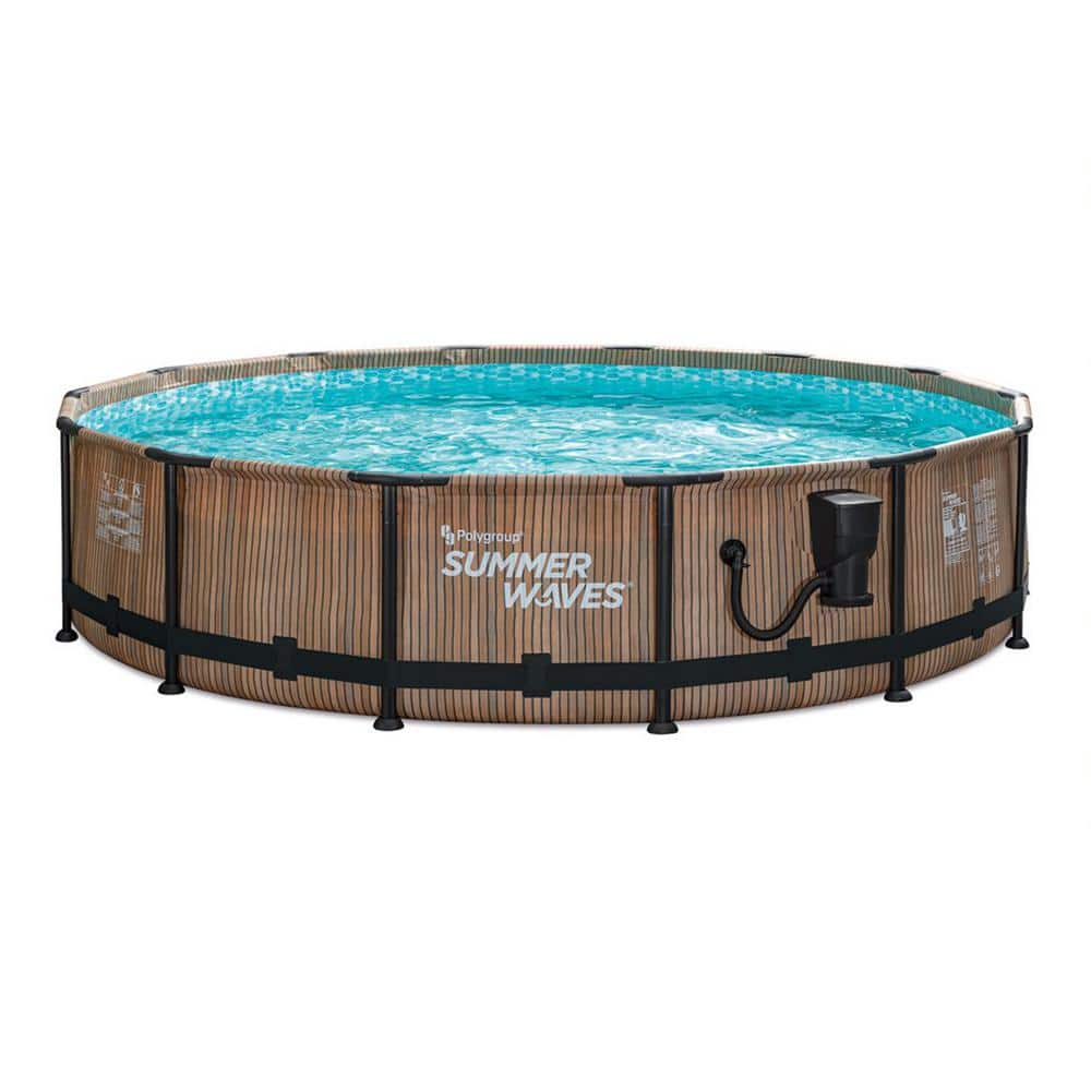 Summer Waves Natural Teak Elite 14 ft. x 36 in. Round Frame Above Ground Swimming Pool P4E01436E