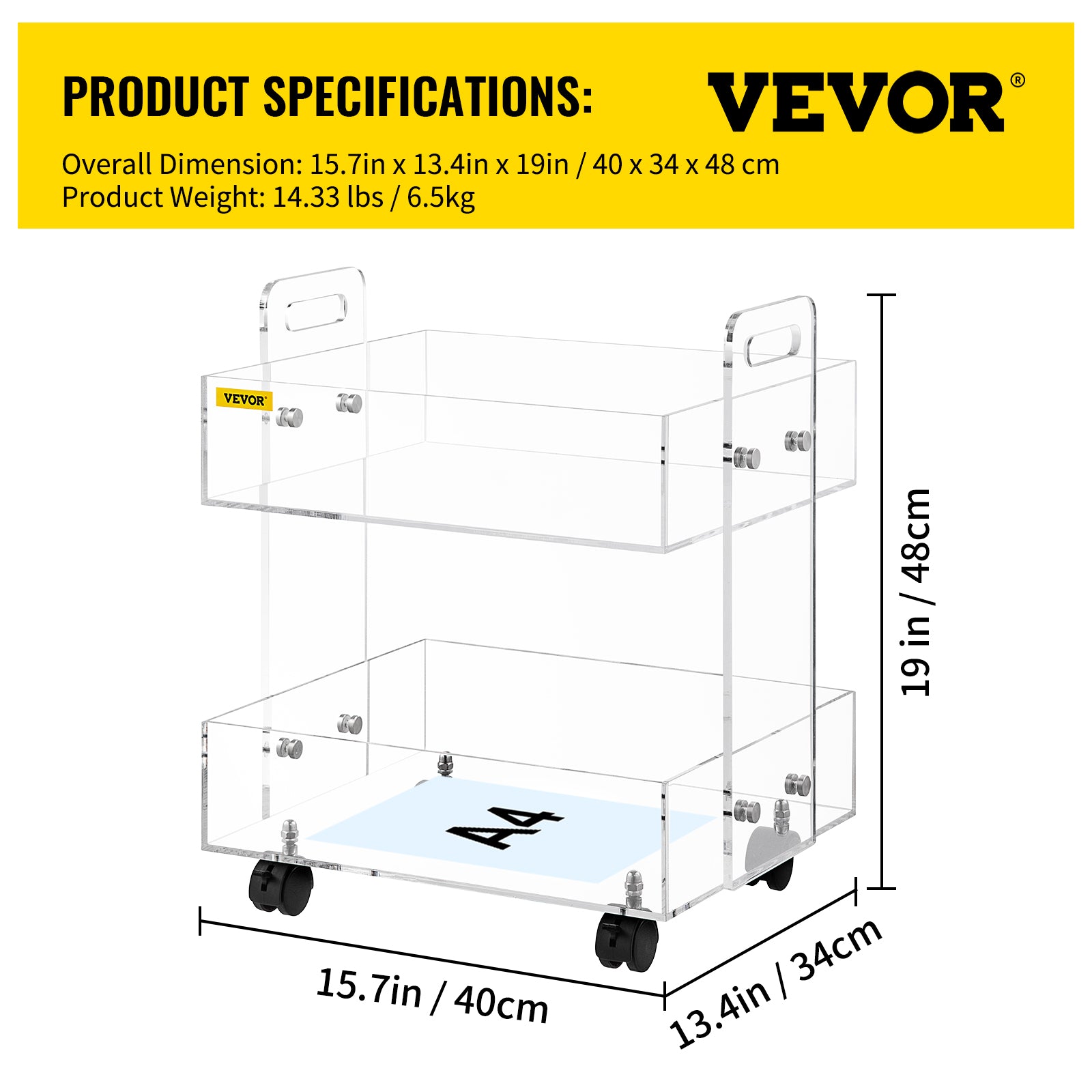 VEVOR Acrylic Cart， 2 Tier， 0.3 in Thickened Board， Holds Up to 66 lbs， Acrylic Side Table with Lockable Swivel Wheels， for Office School Home， 13.4 x 15.7 x 19