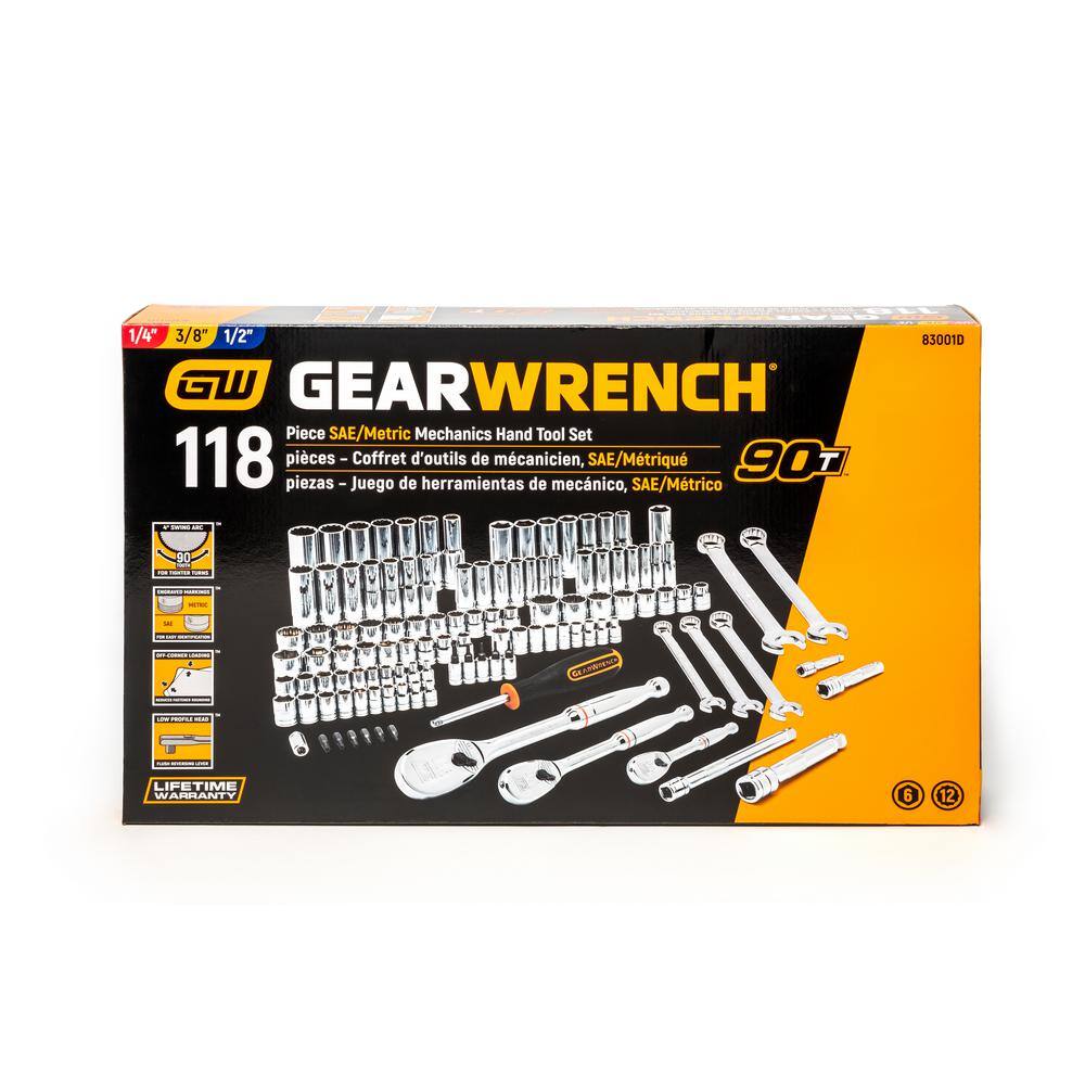 GEARWRENCH 14 in. and 38 in. SAEMetric Mechanics Tool Set with Combination Ratcheting Wrenches (124-Piece) 83001698COMBO