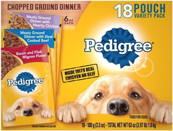 Pedigree Chopped Ground Dinner Variety Pack Chicken， Filet Mignon and Beef Wet Dog Food