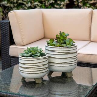 HOTEBIKE 68 in. Ceramic Planter with Geometric Design and Footed Base White (Set of 2) JIANG010261