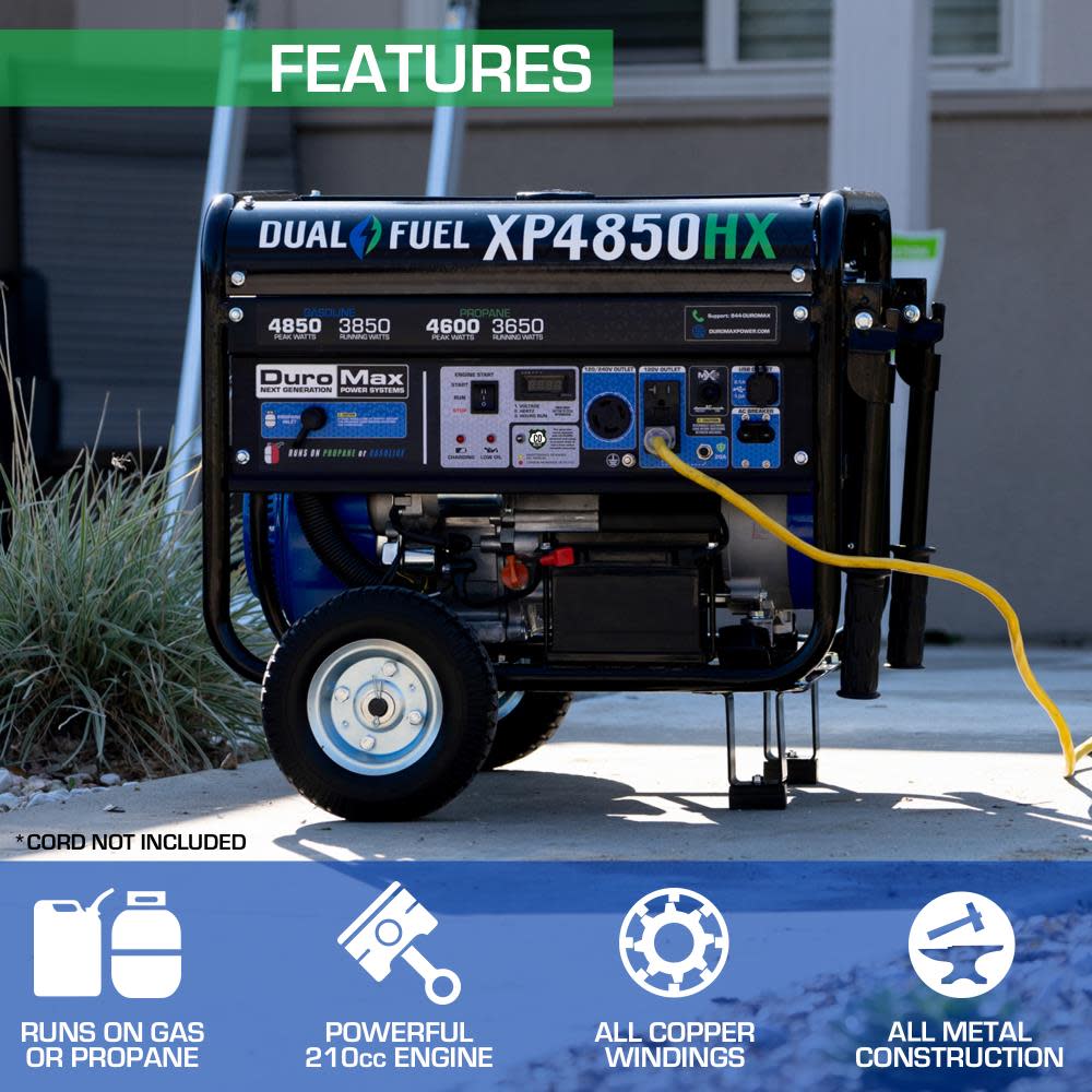 DuroMax Generator Dual Fuel Gas Propane Portable with CO Alert 4850 Watt ;