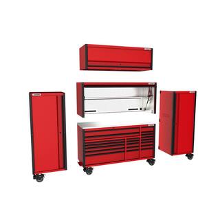 Husky 72 in. W x 24.5 in. D Professional Duty 20-Drawer Mobile Workbench Combo w 2 Side Lockers Top Hutch Top Locker - Red HPROSUITE6RED