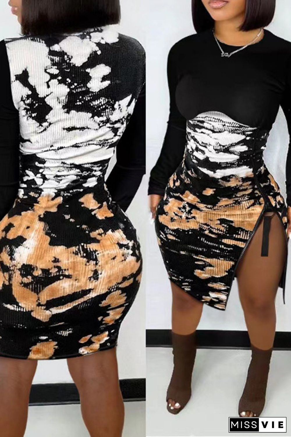 Black Street Print Slit Contrast Zipper O Neck Irregular Dress Dresses