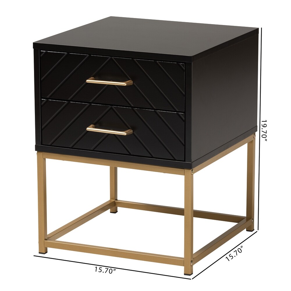 Baxton Studio Inaya Contemporary Glam and Luxe Black Finished Wood and Gold Metal 2 Drawer End Table