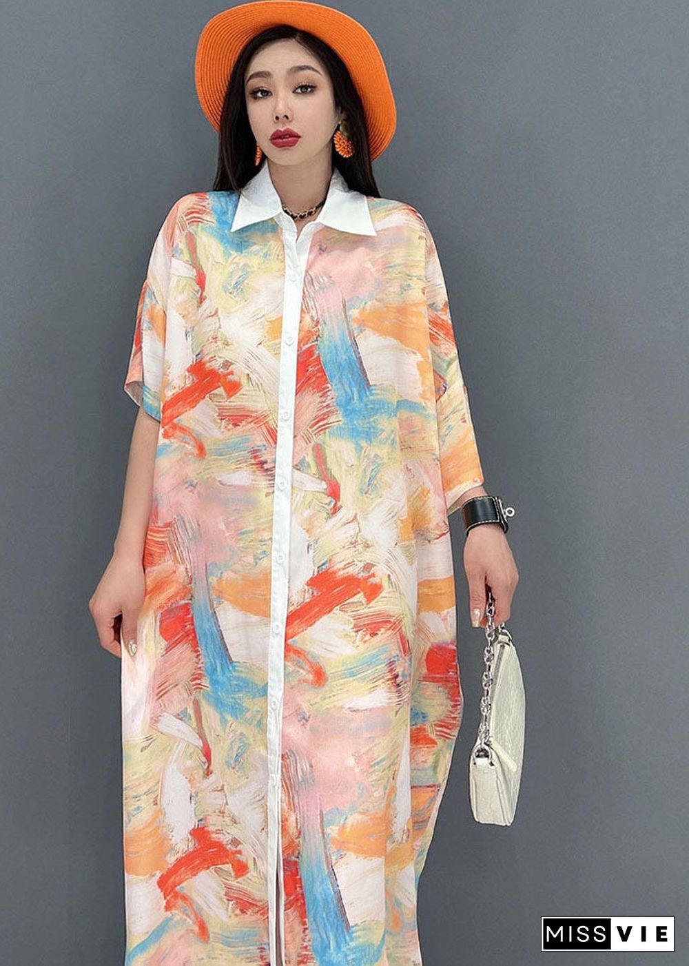 Plus Size Light Khaki Peter Pan Collar Tie Dye Print Chiffon Shirt Dresses Half Sleeve