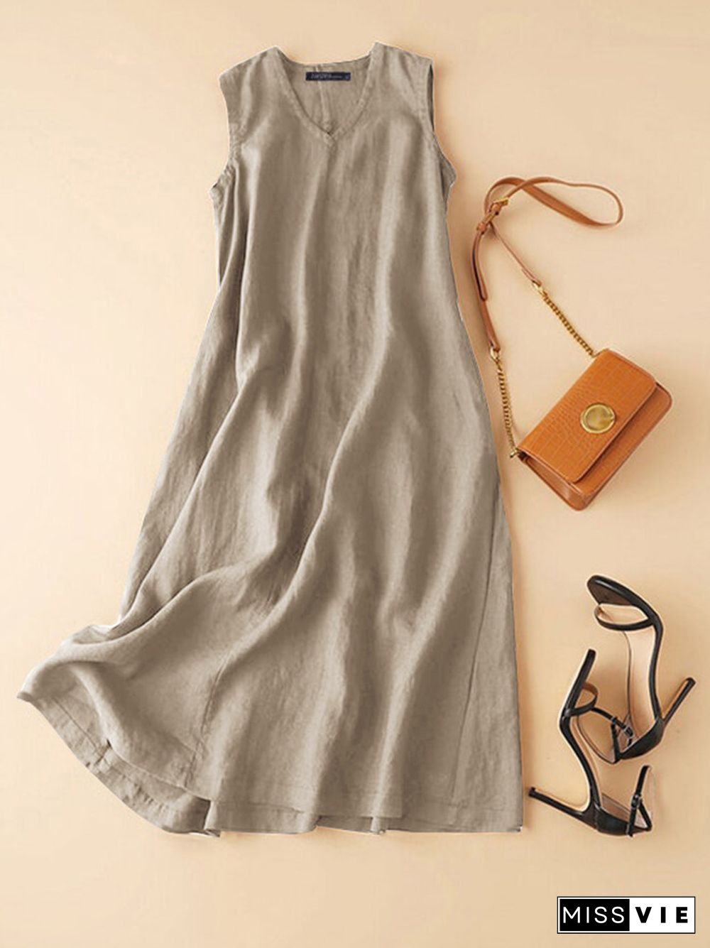 Cotton Solid Sleeveless V Neck Casual Maxi Dress