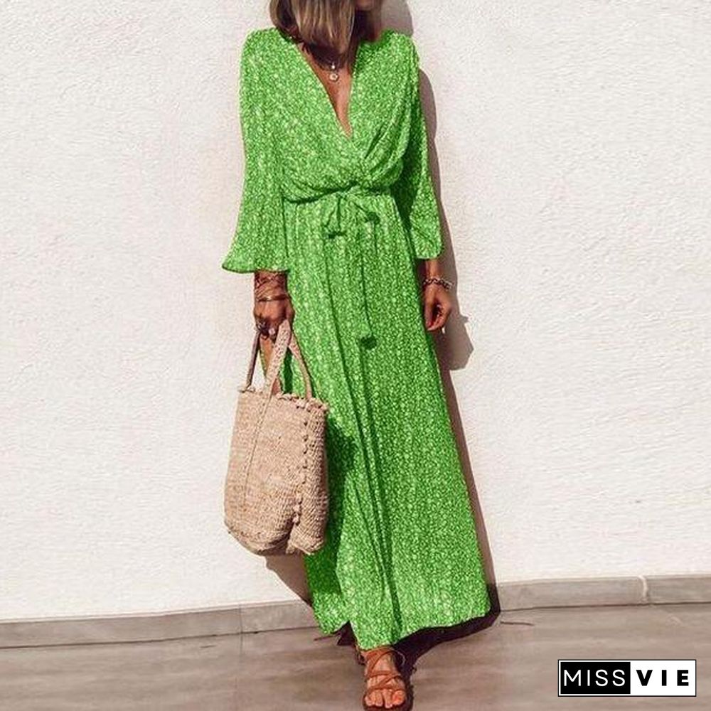 Classy Green Print V-Neck Long Sleeve Maxi Dress