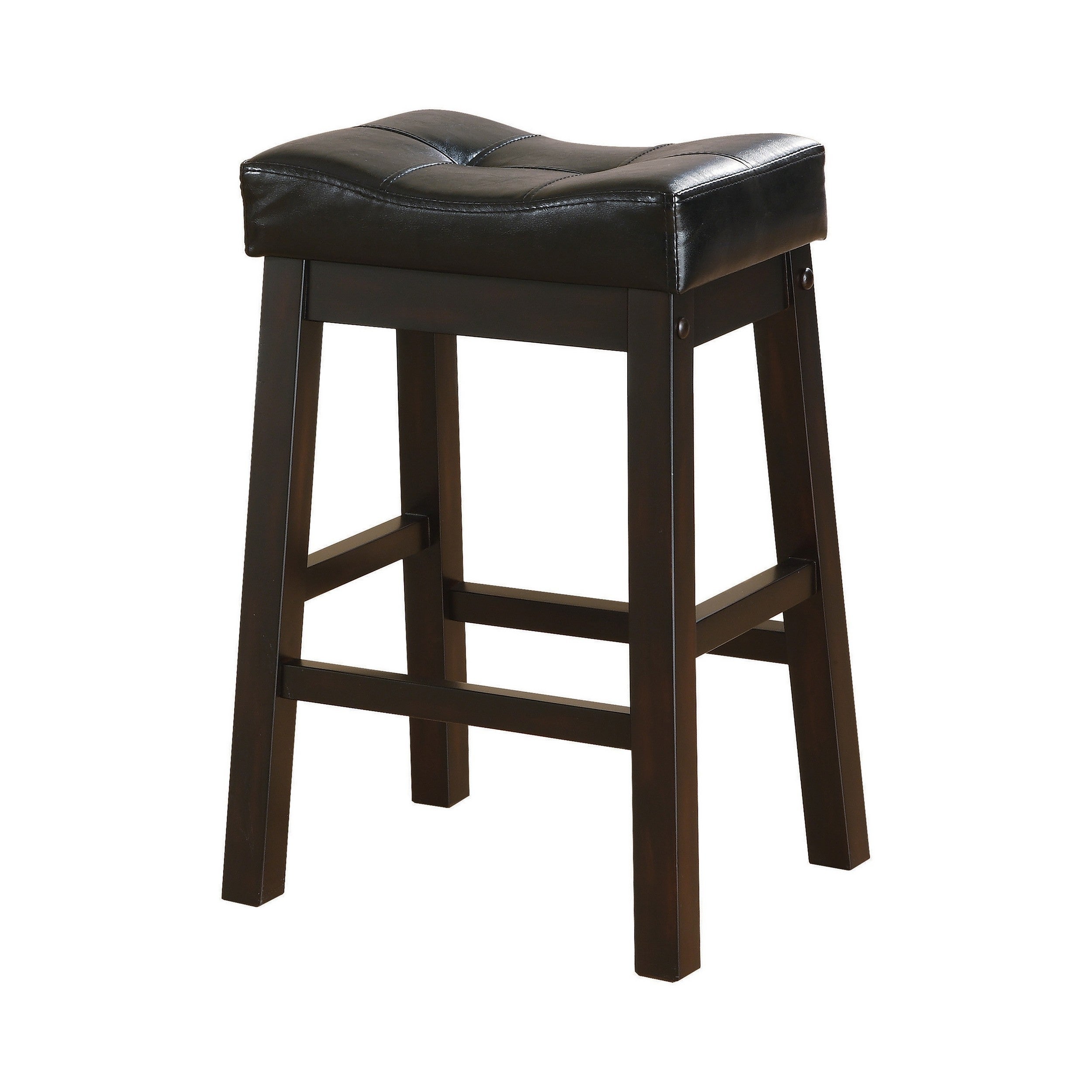 25 Inch Set of 2 Counter Height Stools， Brown Faux Leather Saddle Seat