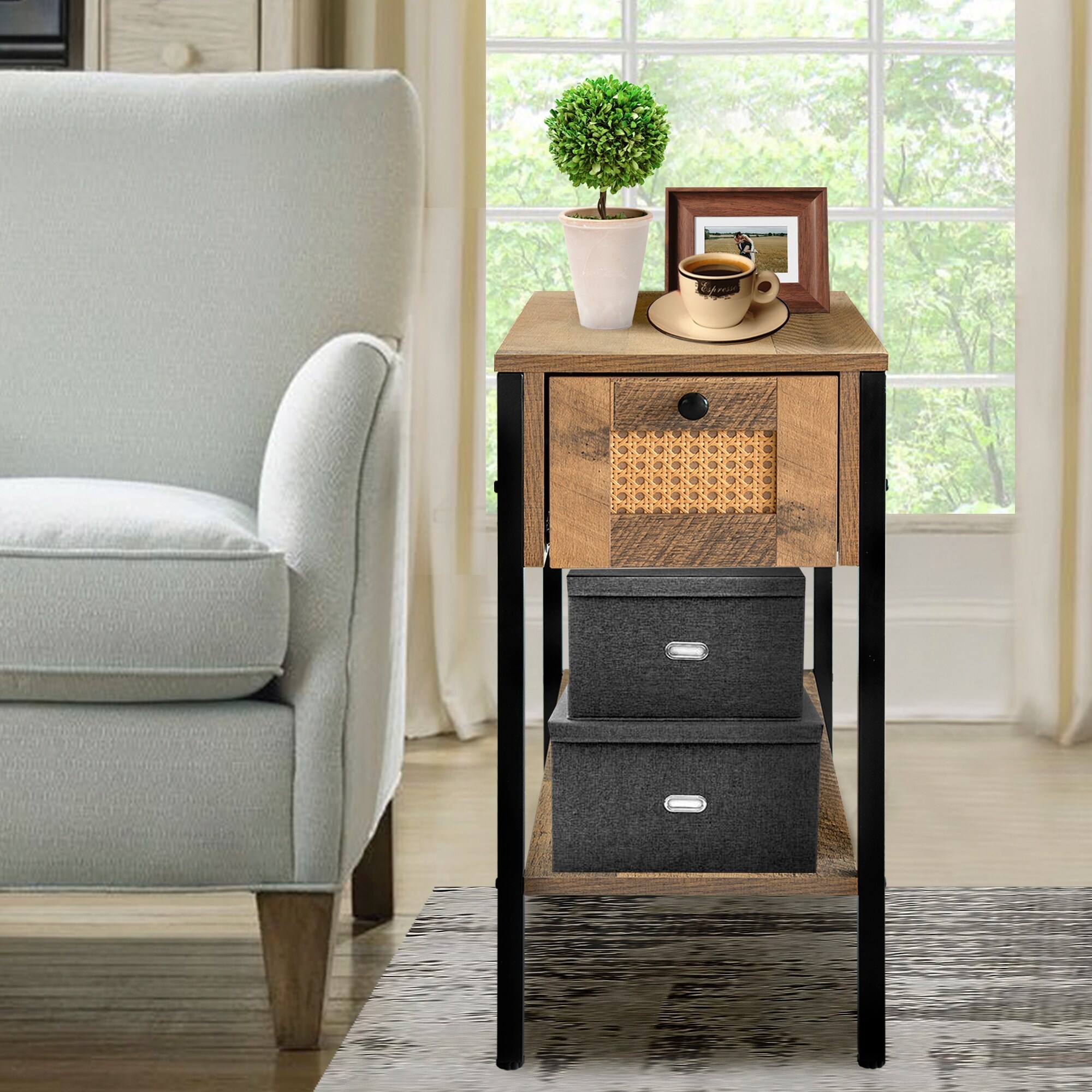 Narrow End Table with Drawer and Shelf - 2 Tier Sofa Side Table