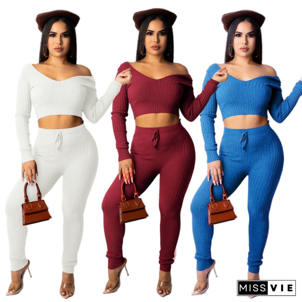 Solid V Neck Crop Top Lace Up Pants Set