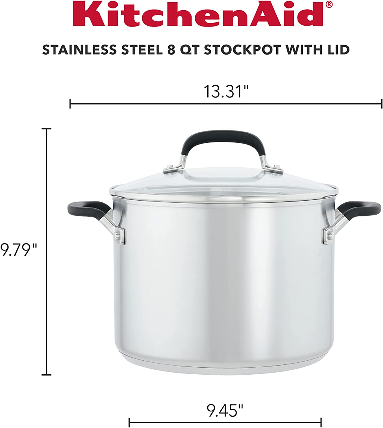 KitchenAid Stainless Steel Stockpot with Measuring Marks and Lid， 8 Quart， Brushed Stainless Steel