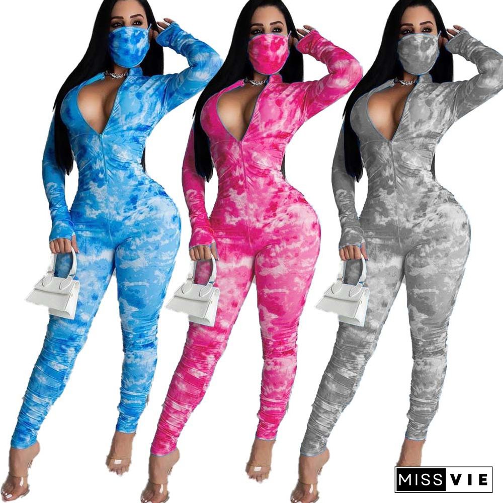 Pleated Tie-dye Sport Casual Long Jumpsuit With Mask