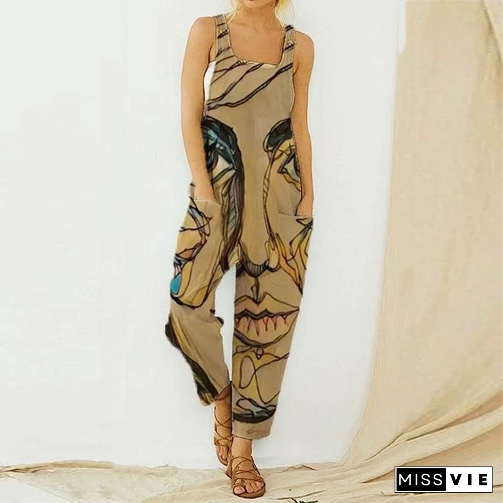 Women Fashion Sleeveless Straps Wide Leg Pants Sexy Printed Rompers Summer Jumpsuits Casual Long Overalls Vintage Suspenders