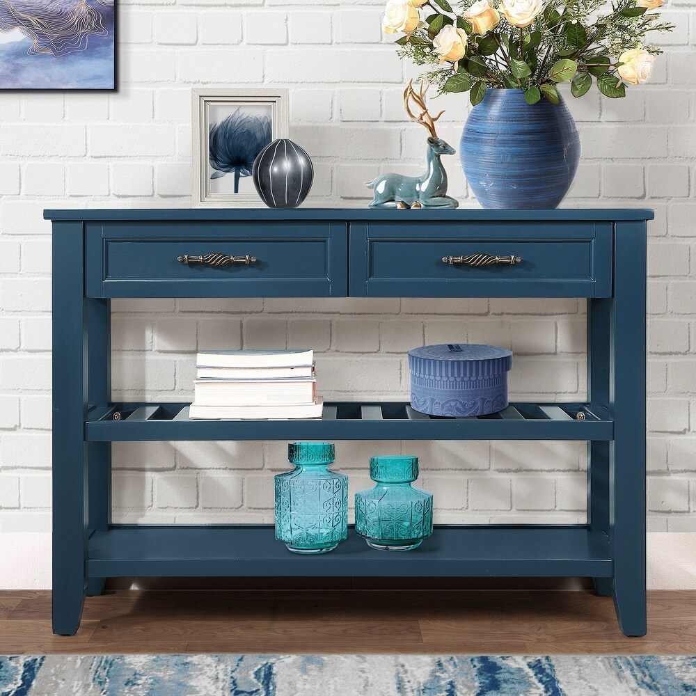 Wood Console Table Entryway Sofa Table with Storage Shelves  Navy Blue