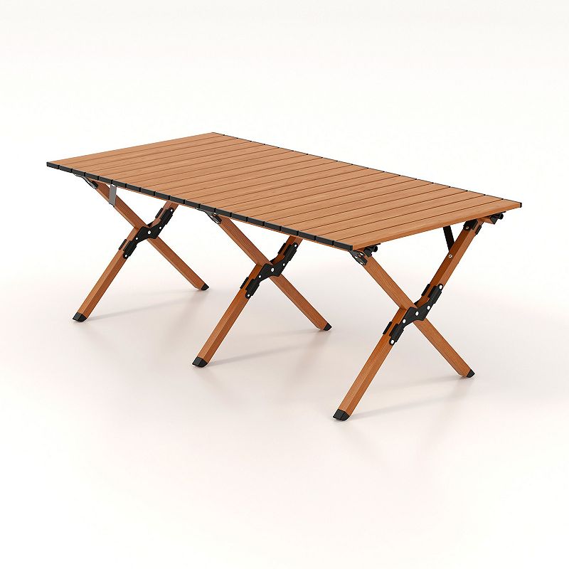 Folding Lightweight Aluminum Camping Table with Wood Grain