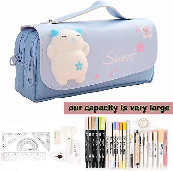 Large Size Pencil Case， Cute Pencil Case， Beautiful， Cute Pencil Case， Large Capacity， 3 Compartments， Cartoon 3d Squeeze Cat Toy Decoration， Blue