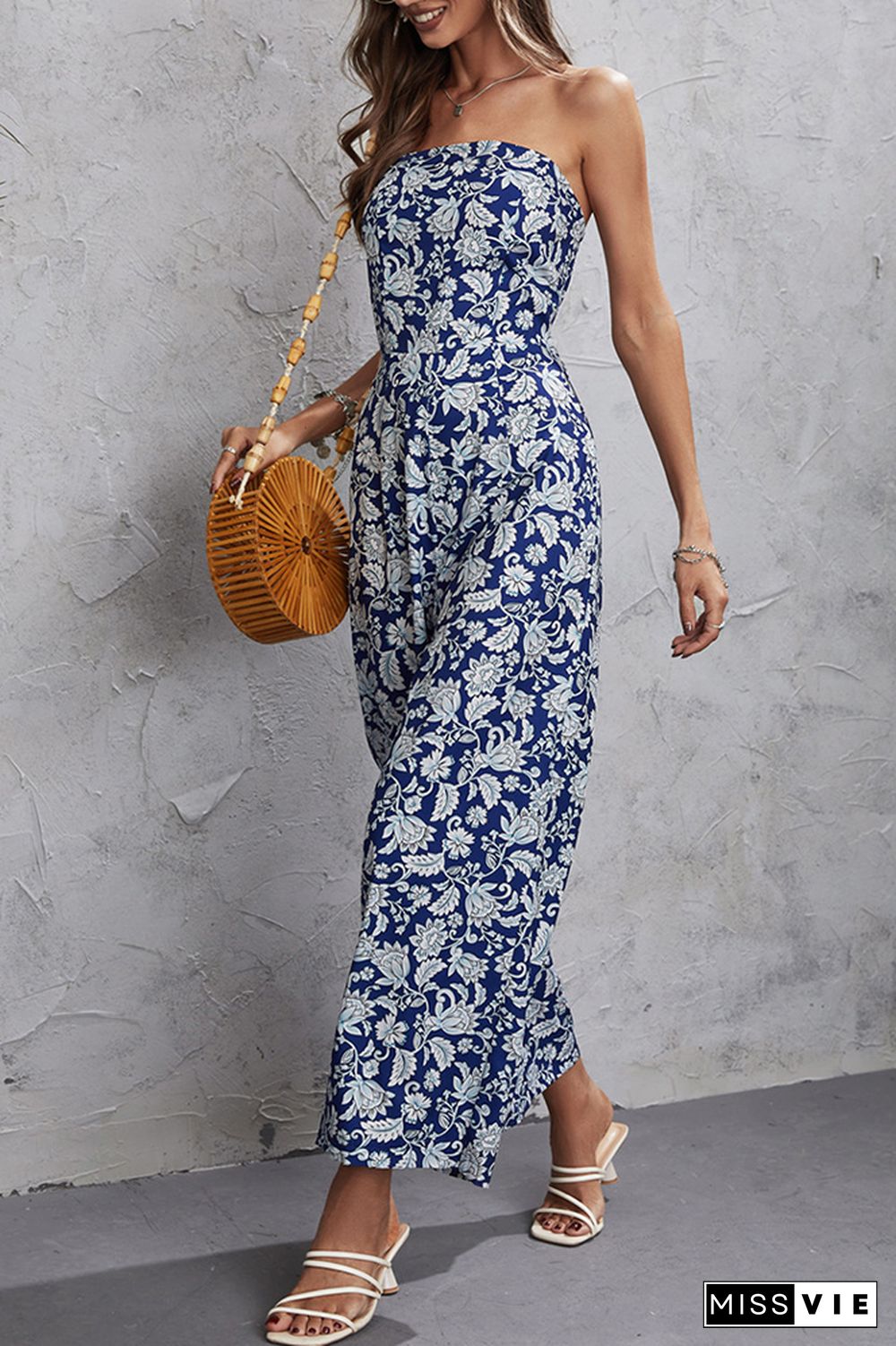 Blue Off Shoulder Wide Leg Floral Jumpsuit