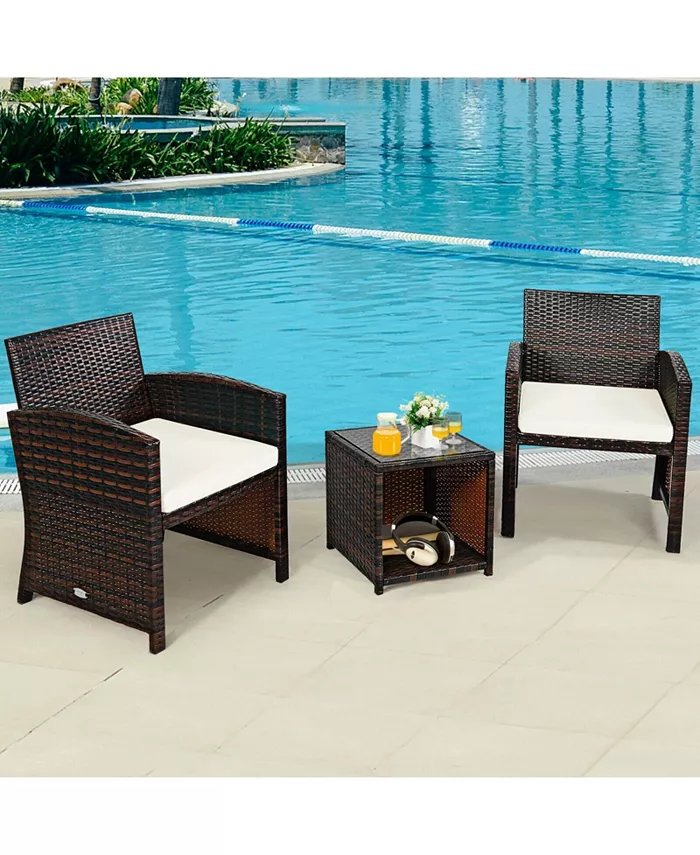 Slickblue 3 Pieces PE Rattan Wicker Furniture Set with Cushion Sofa Coffee Table for Garden