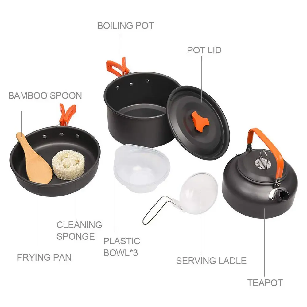 Outdoor Aluminum Cooking Set Camping Cooking Kit Water Kettle Pan Pot Travelling Hiking Picnic BBQ Tableware Equipment