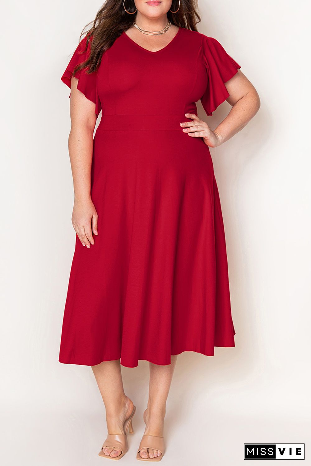 Red Plus Size Short Flutter Sleeve Midi Dress