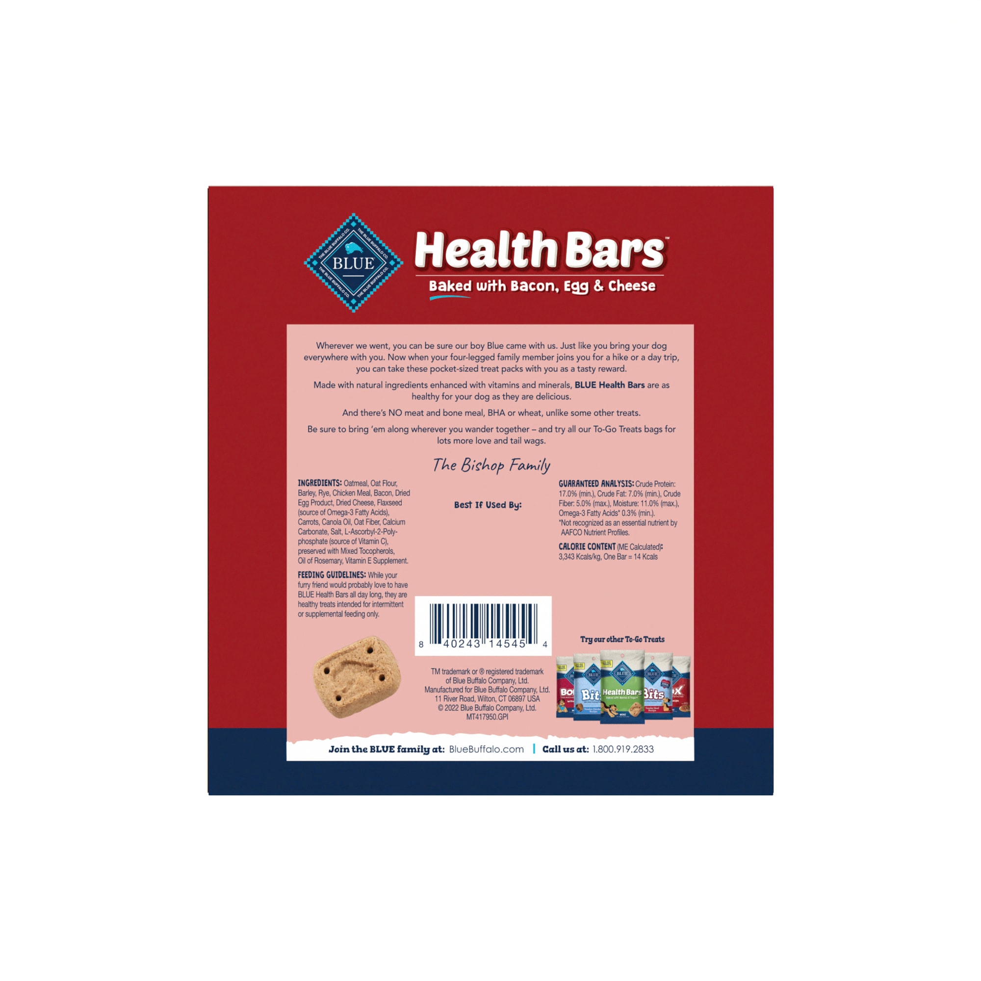 Blue Buffalo Health Bars Natural Crunchy TO-GO Mini Biscuits， Bacon， Egg  Cheese Dog Treats， 1 oz.， Count of 12