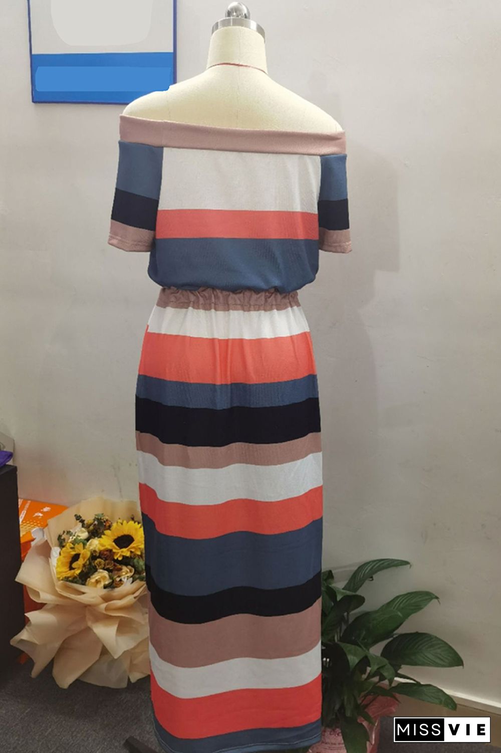 Colorful Stripe Drawstring Off-shoulder Short Sleeve Dress Women Wholesale