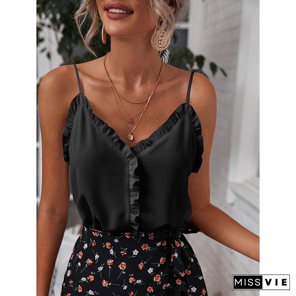 T-Shirt Women New Summer Temperament Sexy V-Neck Ruffles Backless Pullover Solid Chiffon Camisole Top Women's Clothing