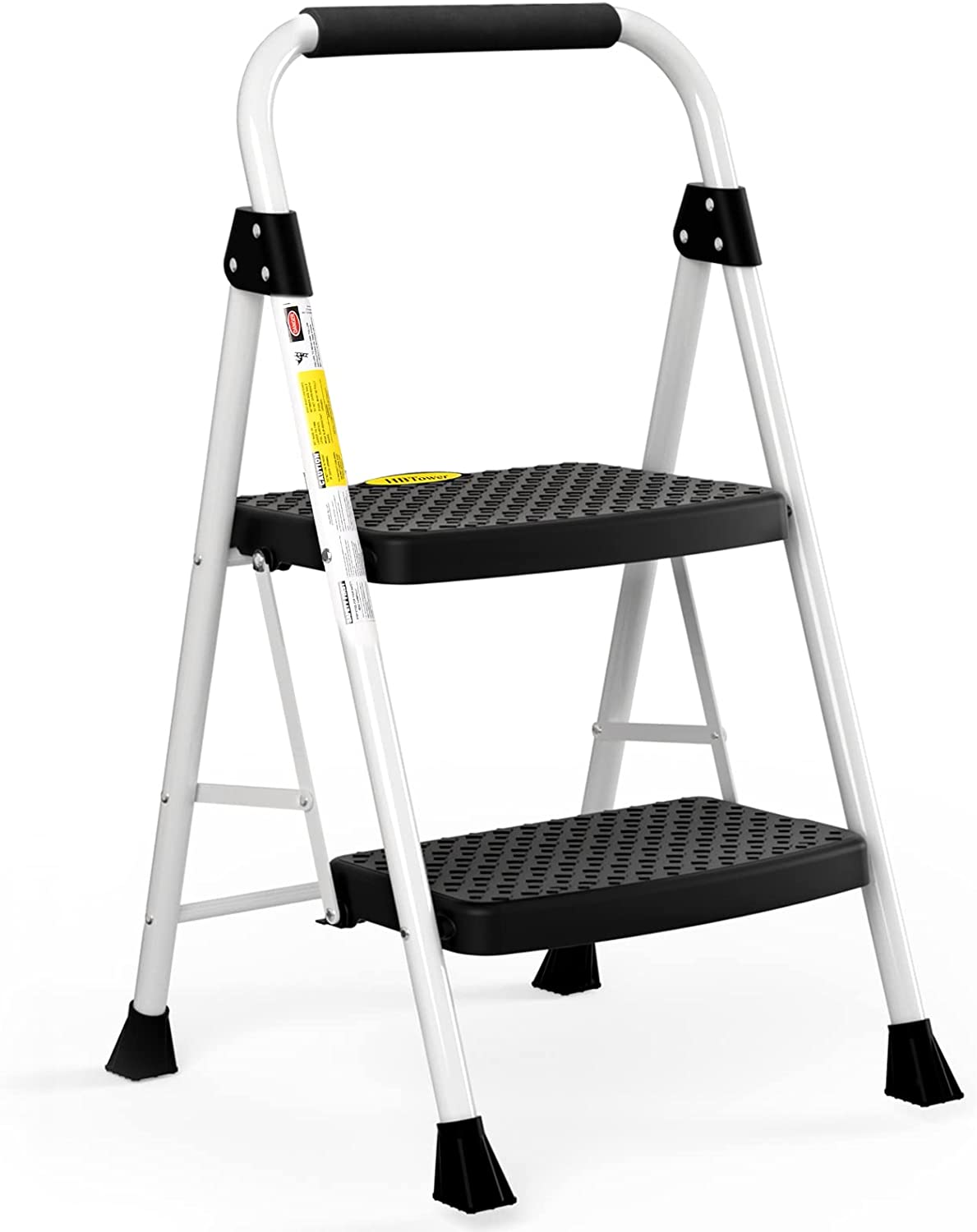 4 Step Ladder, HBTower Folding Step Stool with Tool Platform, Wide Anti-Slip Pedal, Sturdy Steel Ladder, Convenient Handgrip, Lightweight 330lbs Portable Steel Step Stool, Black