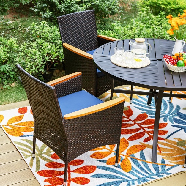 5pc Outdoor Dining Set With Wicker Chairs With Cushions amp Round Metal Table With Umbrella Hole Blue Captiva Designs