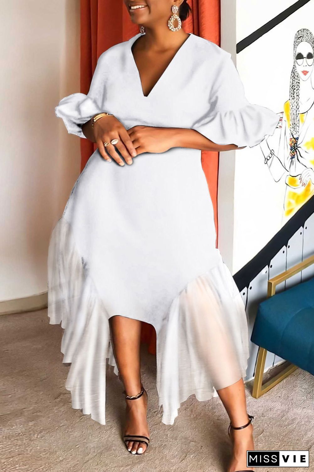 Blue Casual Solid Patchwork V Neck Long Dress Plus Size Dresses