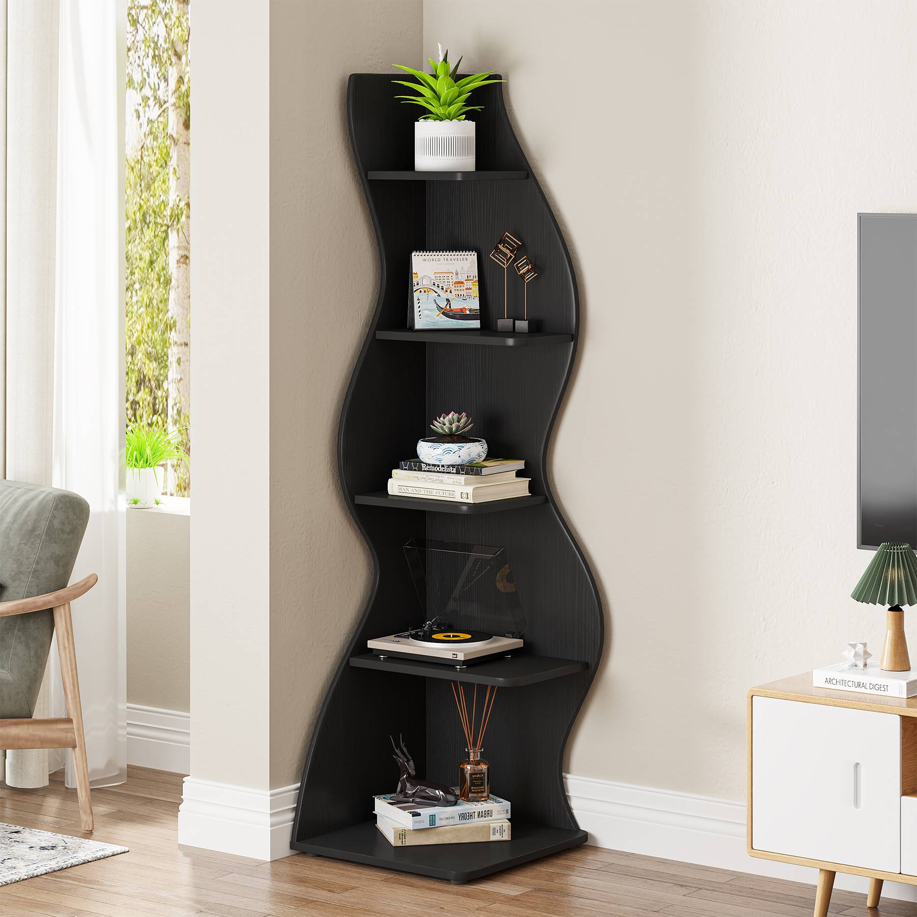 5-Tier Corner Shelf, Modern Wall Corner Bookshelf Bookcase