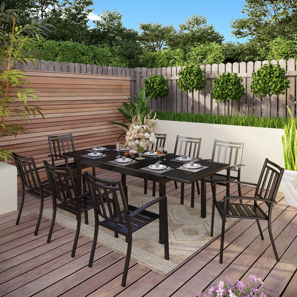 7/9 Pieces Patio Dining Set with E coating 8 Metal Stackable Chairs and 1 Expandable Rectangle Table