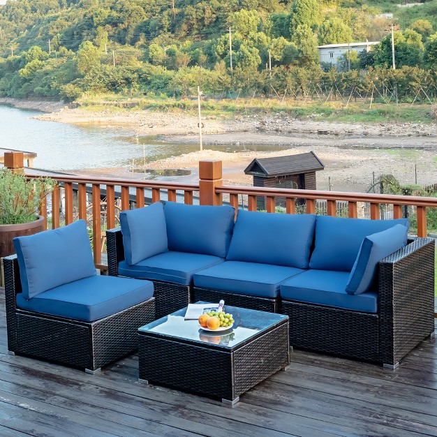 Costway 5pcs Patio Rattan Furniture Set Cushioned Sofa amp Chair Coffee Table