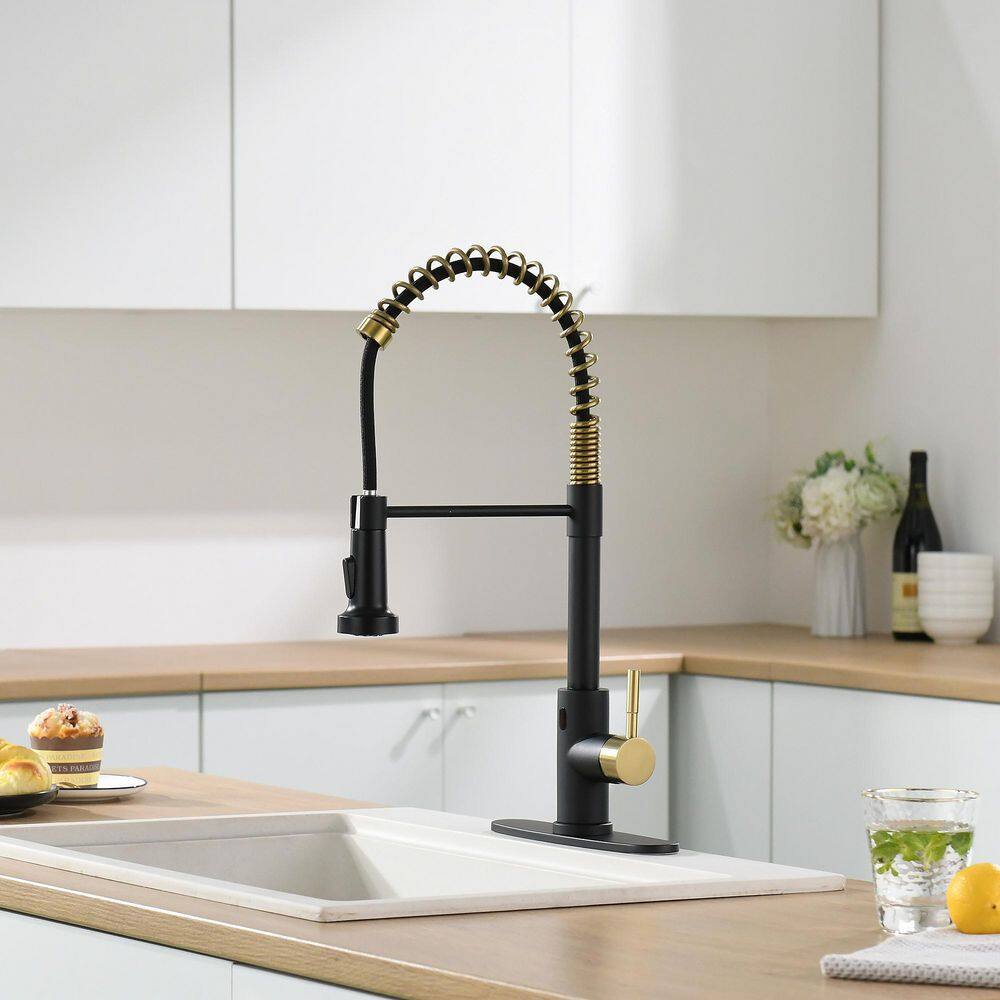 Boyel Living Single Handle Touchless Pull Down Sprayer Kitchen Faucet with Deckplate Included in Black  Brushed Gold BL-IS1306-33BG