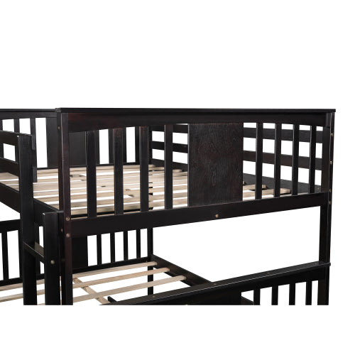 Full Over Full Bunk Bed with Twin Trundle Wood Bunk Bed Frame with Guard Rails and Ladder for Kids Boys Girls Teens Adults, Can be Convertible to 2 Beds,Espresso