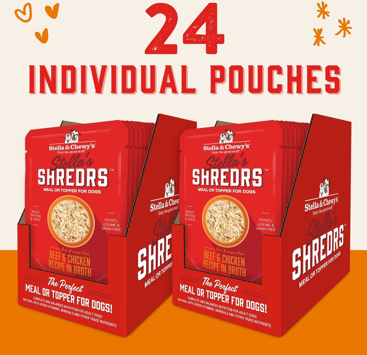 Stella and Chewy's Stella’s Shredrs Grass Fed and Cage Free Beef and Chicken Recipe in Broth Adult Wet Dog Food， 2.8-oz pouch， case of 24