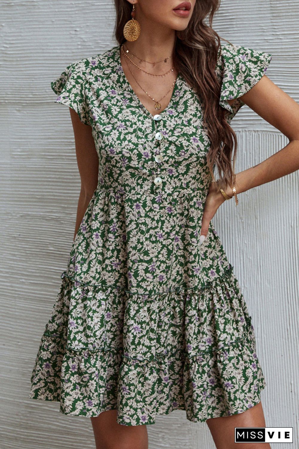 Fashion Elegant Floral Buckle Flounce V Neck A Line Dresses