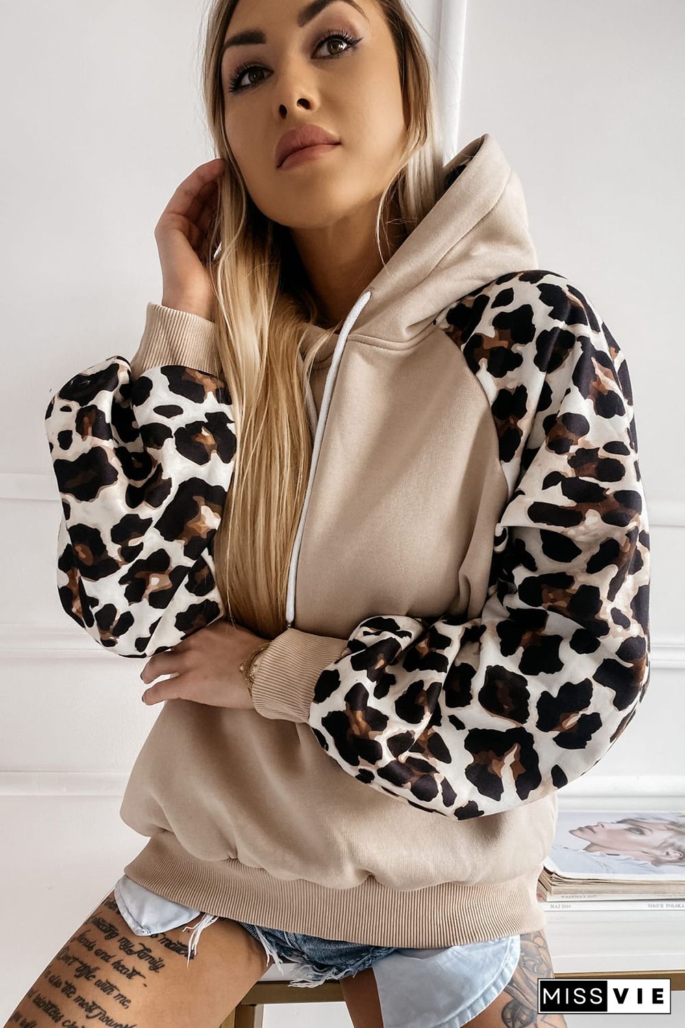 Apricot Leopard Bishop Sleeve Hooded Sweatshirt