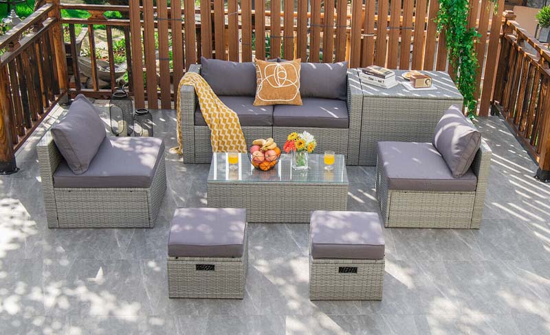 8 Pcs Rattan Patio Sectional Furniture Set Wicker Outdoor Cushioned Sofa Set with Storage Box & Waterproof Cover