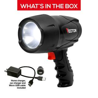 VECTOR 600 Lumen LED Waterproof Handheld Spotlight Rechargeable Includes 120V AC Home Charger and 12V DC Car Charger FL5W10V