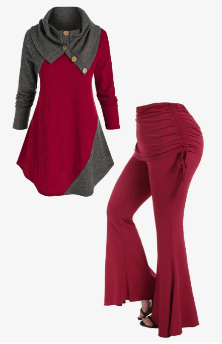 Ribbed Bicolor Foldover Round Hem Sweater and High Waist Cinched Bell Bottom Pants Plus Size Outfit