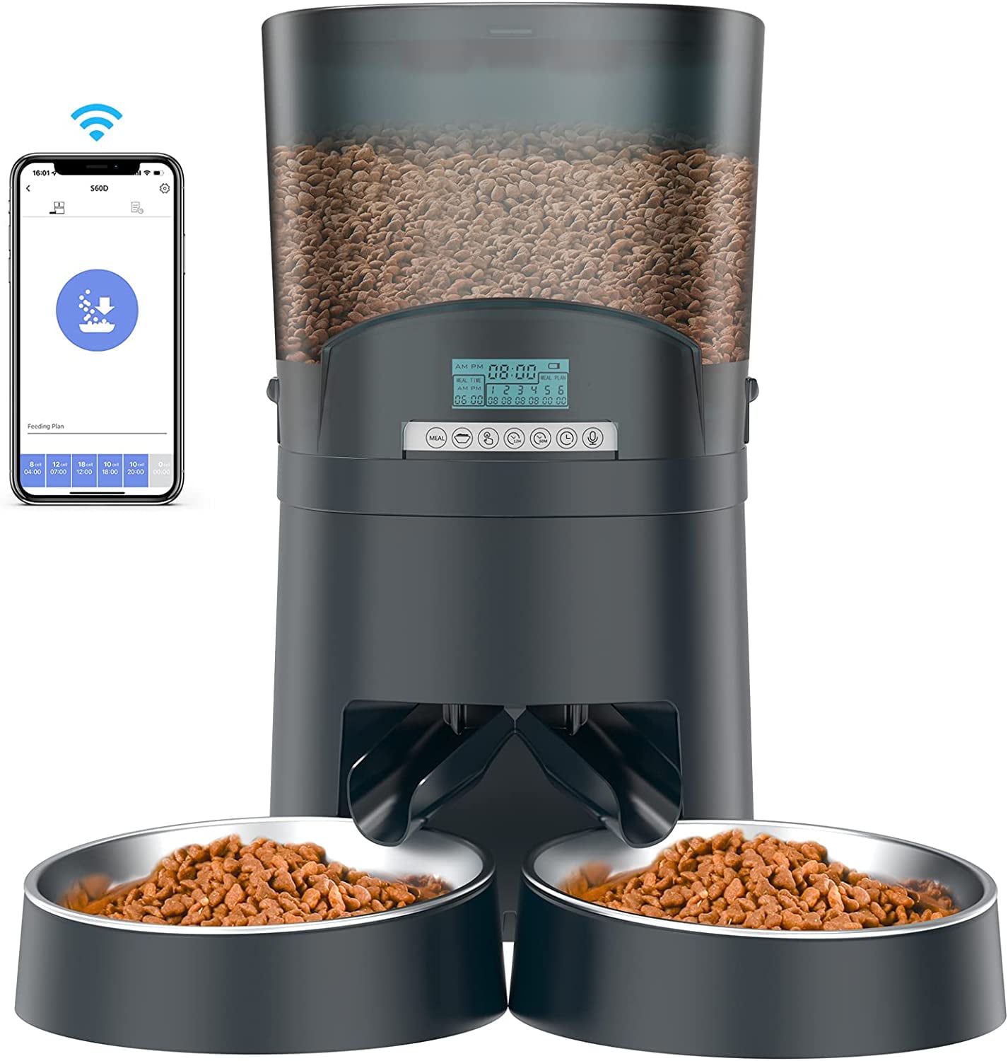 Automatic Cat Feeders 2 Cats 6.5L， 2.4G WiFi Smart Pet Feeder with APP Control for Cats and Dogs Dry Food Dispenser with 2 Stainless Steel Bowl， Desiccant Bag， 10s Voice Recorder