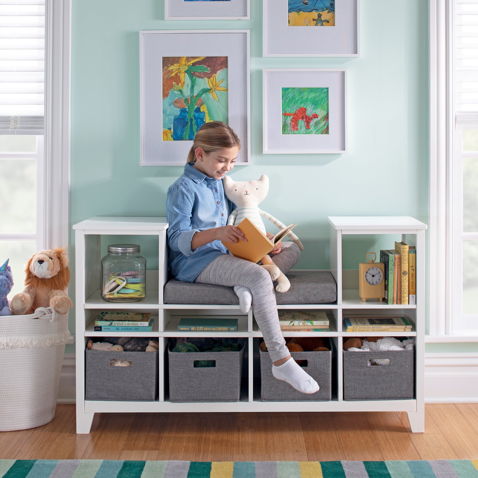 Martha Stewart Living and Learning Kids' Reading Nook - White: Wooden Storage Bookshelf Organizer with Seat Cushion, and Fabric Bins for Toys, Books, Art - Bedroom or Playroom Cubby