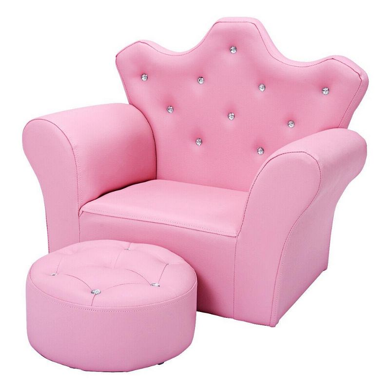 Children Upholstered Princess Sofa with Ottoman and Diamond Decoration for Boys and Girls