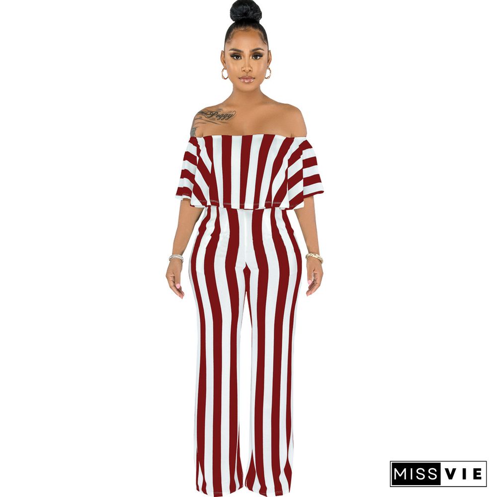 Striped Off Shoulder Wide Leg Jumpsuits